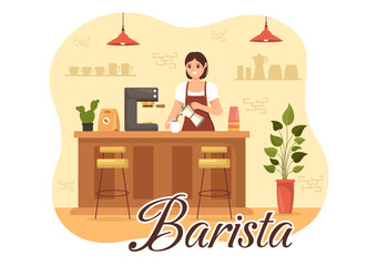 Barista Illustration With Wearing Standing Apron Making Coffee for Customer in Flat Cartoon Hand Drawn Landing Page or Web Banner Template