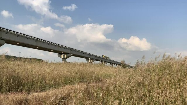 Autumn background. A yellow maglev train runs through the reeds in the blue sky. Incheon, South Korea.
