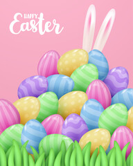 Fototapeta na wymiar Poster with 3d colored eggs with and ears of rabbit, sitting in grass, mini eggs on pink background. Happy Easter poster. Vector illustration for card, party, design, flyer, banner, web, advertising.
