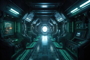 Huge interior of a spaceship with a blueish landing strip, isolated on a green background. Generative AI