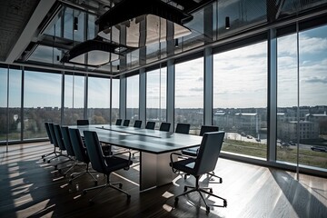 Modern office meeting room. With a view outdoors and advanced conferencing options. Generative AI