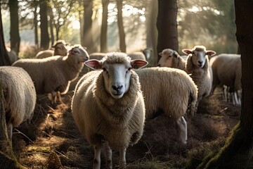 Fototapeta premium Sheep graze in the Netherlands' countryside while they watch you. Generative AI