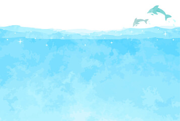 シンプルで綺麗な海とイルカの背景イラスト