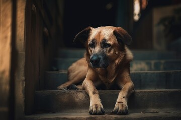 a picture shows a dog dozing on a set of stairs. Generative AI