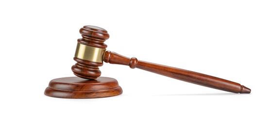 Judge's gavel hammer for adjudication isolated on white background. wooden auction hammer with a wooden stand. law and justice concept.