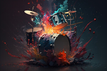 Musical drum set, flying percussion instrument, paint splashes. Spectacular abstract illustration of Generative AI - obrazy, fototapety, plakaty