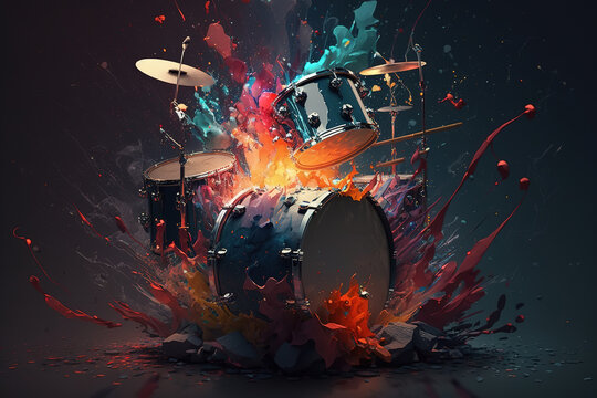 Musical drum set, flying percussion instrument, paint splashes. Spectacular abstract illustration of Generative AI