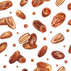 Watercolor dry date palm fruit seamless pattern. Hand-drawn illustration isolated on white background. Perfect for islamic celebration day ramadan kareem, eid al fitr adha, arabesque design.