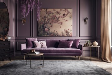 Beautiful violet and beige living room with carpeted floor, wallpaper, and fabric couch. Classic minimalism,. Generative AI
