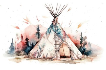 Hand drawn watercolor indigenous teepee, solitary white campground tent. Native American boho jewelry. Native teepee with arrows and feathers. Generative AI