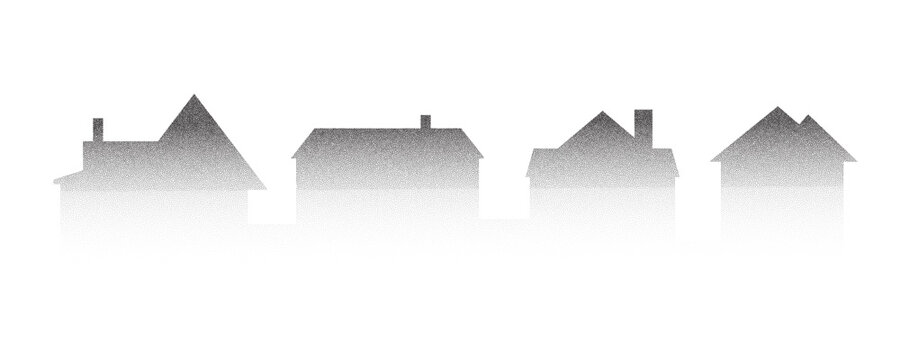 Neighborhood houses stipple panoramic landscape. Buildings drawing silhouette with dotted gradient. Minimalistic vector illustration.
