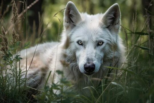 Wolf in the grass. A photograph of a white and grey dog. Generative AI