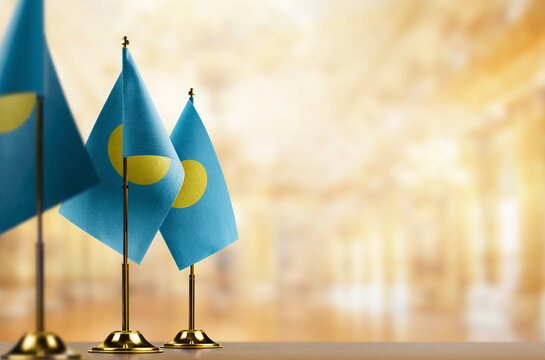 A small Palau flag on an abstract blurry background