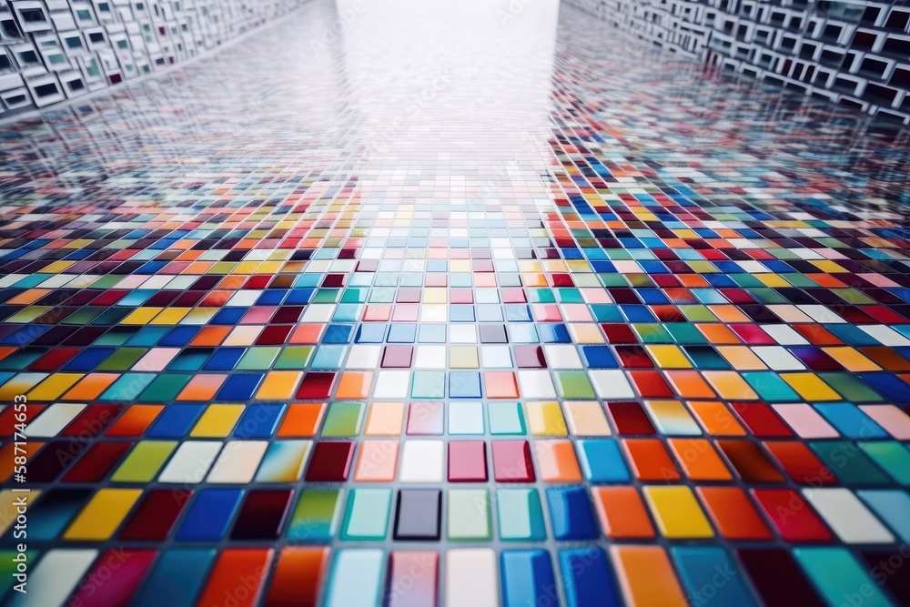 Poster vibrant and intricate mosaic tile floor in a colorful room. generative ai