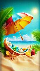Beautiful summer sandy beach, tropical composition. Generative AI illustration