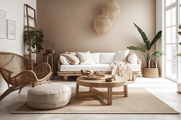 Scandinavian living room with rattan table, pampas, and white couch on beige. Panorama, simple interior,. Generative AI