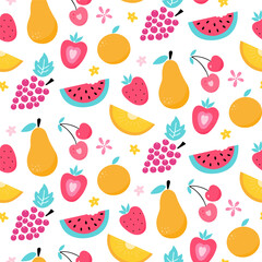 Bright summer pattern with hand drawn fruits
