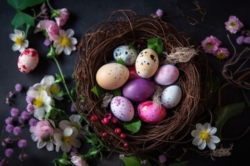 Fototapeta na wymiar birds nest with colorful painted eggs and blooming flowers. Generative AI