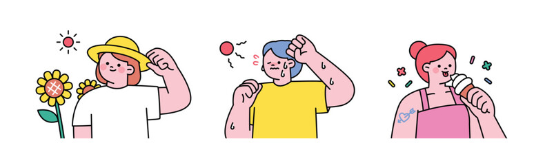 People enjoying summer. People wearing straw hats, sweating and eating ice cream.