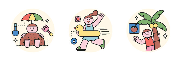 People enjoying summer. Sand bath on the beach, a girl running in a tube, and a boy with a coconut tree.