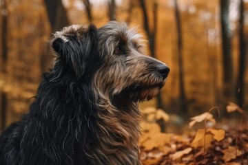 French sheepdog in profile against a backdrop of autumnal nature. Generative AI