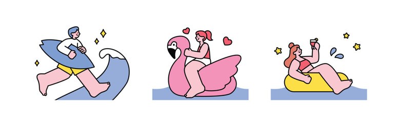 People enjoying summer. People surfing in the sea, riding flamingo tubes and drinking cocktails.