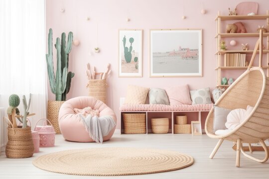 Mock up poster in pastel room with natural wicker and wooden toys,. Generative AI