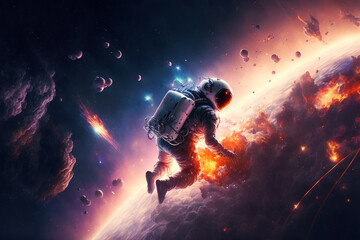 Fototapeta na wymiar An astronaut in spacesuit floating in colorful, neon galaxy with clouds and nebula