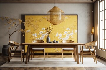 Japandi dining room with white and yellow minimalist wooden table. Wallpaper mockup. Minimalist interiors. Generative AI