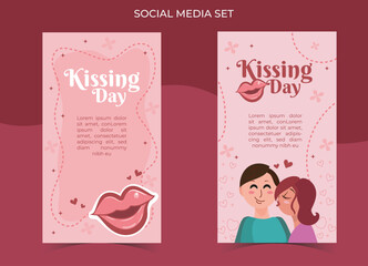 world kissing day, story set, social media template, vector illustration editable, kissing day couple in love, red lips, and hearts