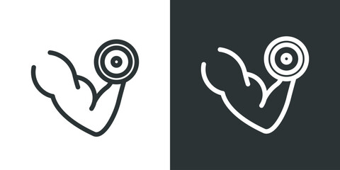 Muscle hand with weights. Sport muscular arm holding dumbbell symbol. Fitness sign for mobile concept and web design. Vector graphics. 
