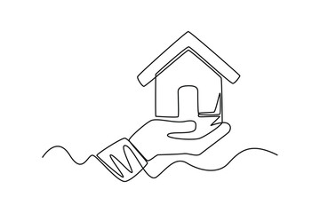 Continuous one-line drawing hand-holding house, property insurance concept. Insurance concept single line draws design graphic vector illustration