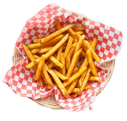 basket of seasoned french fries isolated on transparent background and shot top down - 587176850
