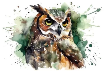 Badezimmer Foto Rückwand owl painted in watercolor on a plain white background. Generative AI © AkuAku