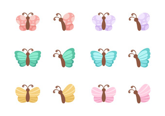 Simple butterfly icon illustration set isolated on white background. Pretty vector butterflies with spring and summer palette for kids.