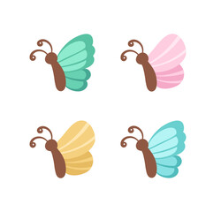 Simple butterfly icon side view illustration set isolated on white background. Pretty vector butterflies with spring and summer palette for kids.