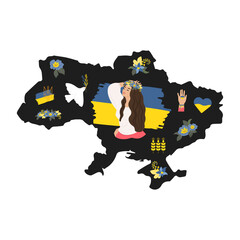Ukrainian, Black silhouette of the territory of Ukraine, symbols Dove of peace, girl in a wreath, Ears of wheat, Coat of arms of Ukraine. Vector illustration.