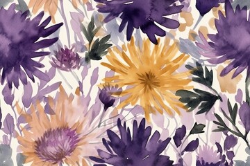 purple and yellow flowers on white background. Generative AI