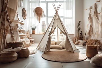 White cloth kids teepee and Native American décor in children's room with copy space. Generative AI