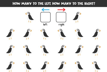 Left or right with cute cartoon puffin. Logical worksheet for preschoolers.