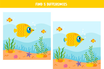 Find 5 differences between two cute cartoon butterfly fish underwater.
