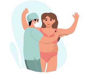 
The plastic surgeon draws preoperative marks on the patient's arms. Aesthetic liposuction. Abdominoplasty. Vector illustration