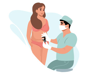 A plastic surgeon measures the percentage of subcutaneous fat using a caliper. Aesthetic liposuction. Abdominoplasty. Vector illustration