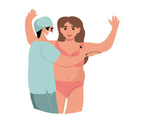 
The plastic surgeon draws preoperative marks on the patient's arms. Aesthetic liposuction. Abdominoplasty. Vector illustration