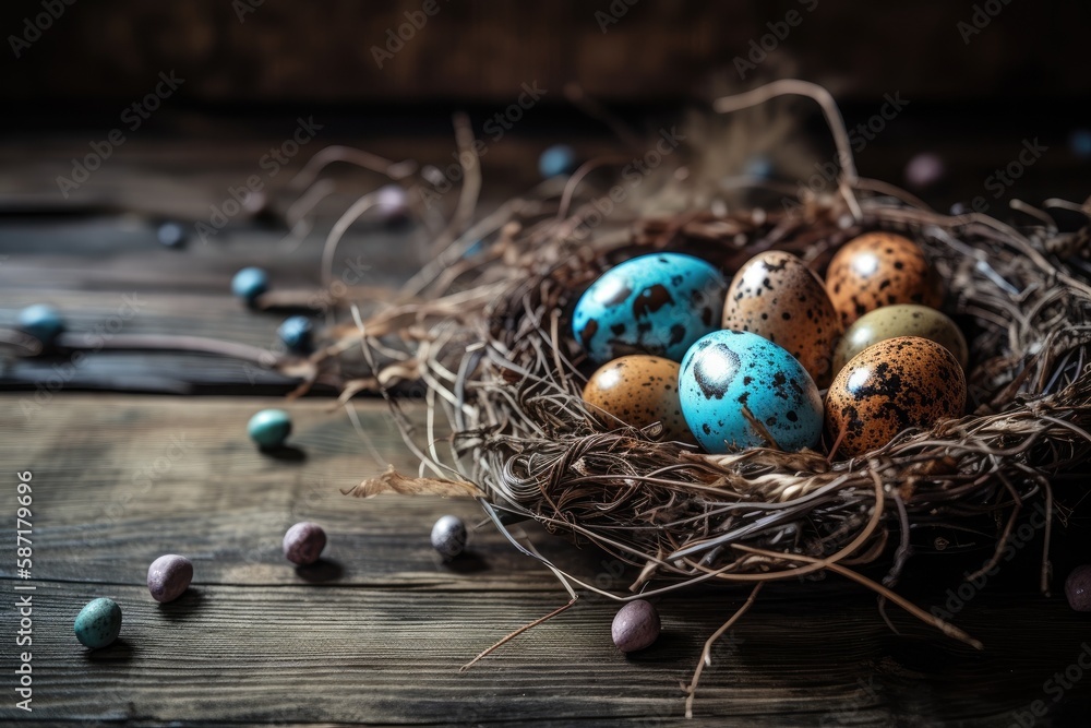 Poster birds nest with eggs resting on a rustic wooden table. generative ai