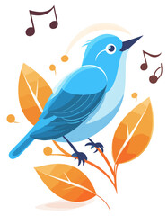 Vector Illustration of a blue bird singing on a branch surrounded by leaves