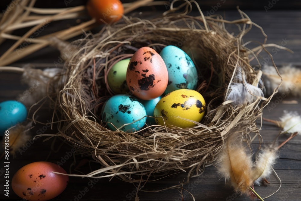 Wall mural bird nest with eggs resting on a wooden table. Generative AI