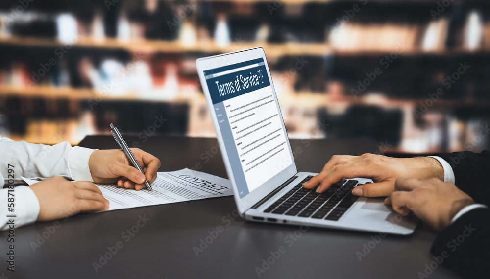 Poster online term of service conditions showing astute rules and regulations in using the website on a lap