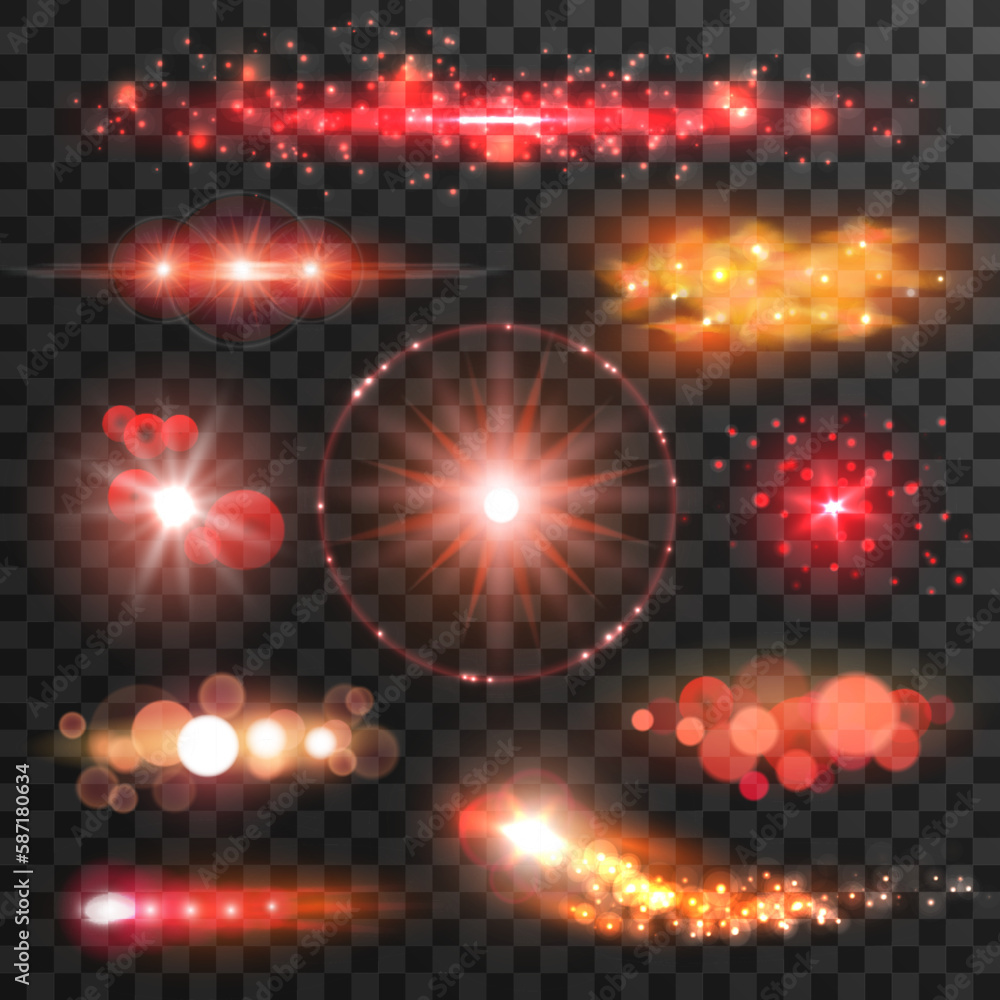 Poster sparkling red light flashes. glittering lights and sparkles with lens flare effect on transparent ba