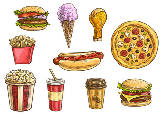 Fast food snacks and desserts sketch icons. Isolated vector elements of cheeseburger, hamburger, hot dog, french fries in box, pizza, chicken leg, ice cream cone, popcorn, soda drink, coffee cup